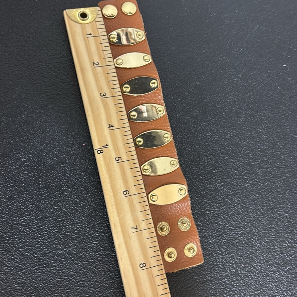 Gold Studded Brown Leather Bracelet - Picture 5 of 6